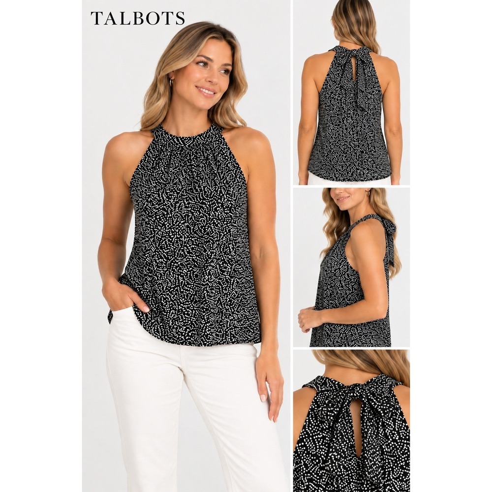 Talbots Womens Large Black White Print Sleeveless Mock Neck Blouse Tank Top